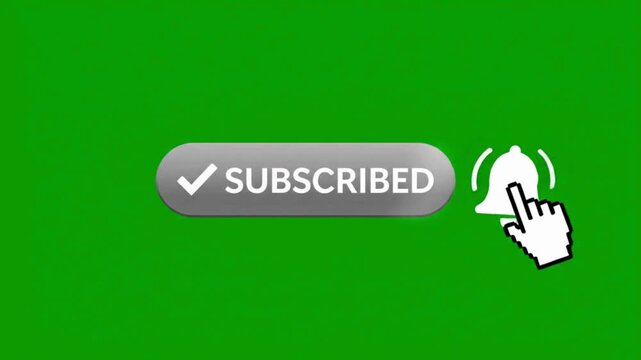 A person hand clicks subscribe button with notification bell on a green background