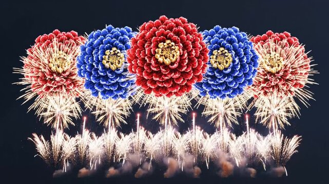 Vibrant fireworks bloom in the night sky, celebrating a festive occasion with dazzling colors.