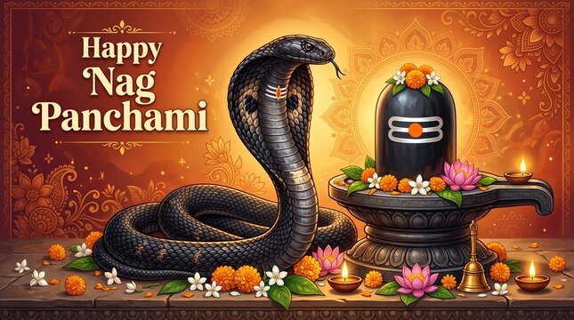 Happy nag panchami celebration with shiva lingam and cobra on festive orange background symbolizing indian tradition devotion and sacred hindu spiritual art