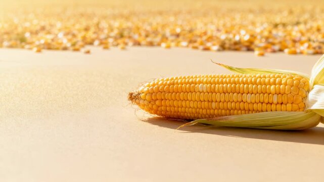 Husked yellow corn cob on a light surface with scattered kernels in the background under bright sunlight, close-up.