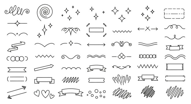 A collection of hand-drawn decorative elements and dividers, including swirls, stars, ribbons, lines, and shapes, suitable for journaling and scrapbooking.
