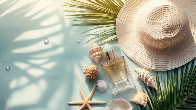 Summer beach vacation flat lay with straw hat palm leaves shells starfish and sunscreen on bright background showing travel accessories tropical holiday relaxation and sunny resort lifestyle scene