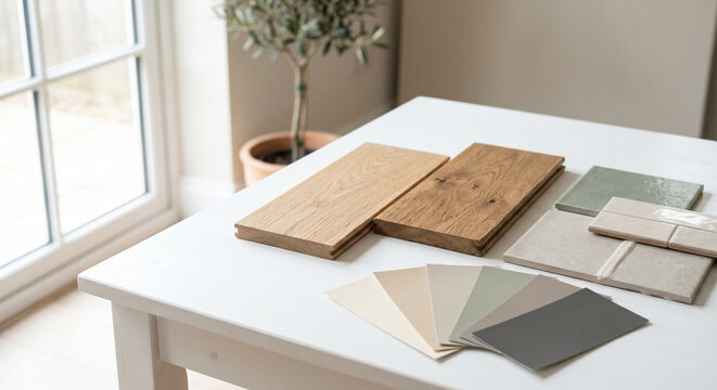 Material samples on a bright table with wood samples and tile samples for home renovation detail planning and material samples selection