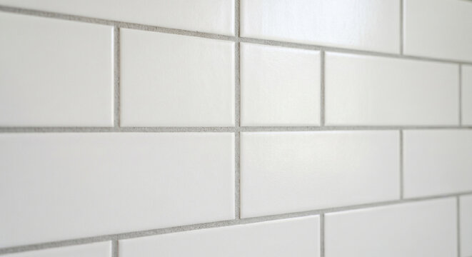 White subway tile wall detail with clean grout lines and white subway tile texture in a bright home renovation detail interior close up