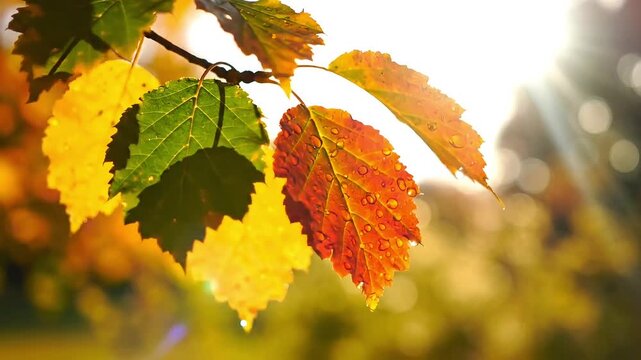 Sunlight streams through vibrant autumn leaves on a tree branch, signaling the changing season.
