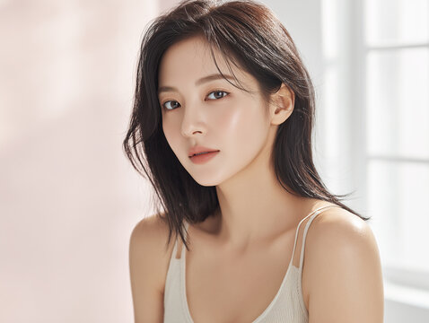 Asian Female model for cosmetic advertising. Beauty skin woman with bare shoulder on light pink background.