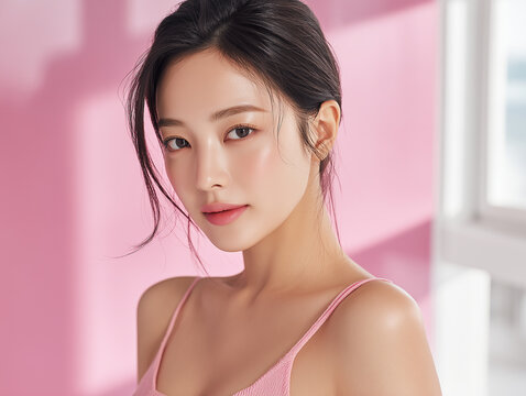 Asian Female model for cosmetic advertising. Beauty skin woman with bare shoulder on light pink background.