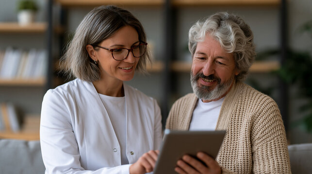 Geriatric nurse showing elderly patient tablet-based cognitive test results, neurodegeneration early biomarker screening, preventive neurology consultation, hospital aging care,