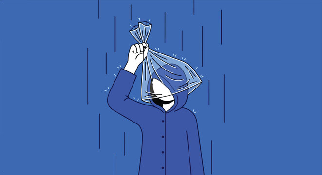 Person in rain holding plastic bag over head