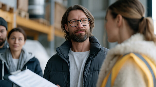 HR manager presenting employee facial recognition timekeeping system to skeptical warehouse staff, workers exchanging uncomfortable glances, biometric data consent forms on