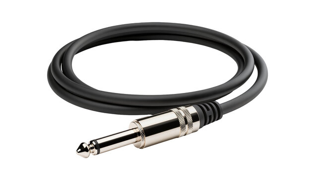 Isolated professional black audio instrument cable with a shiny metal jack connector, coiled.
