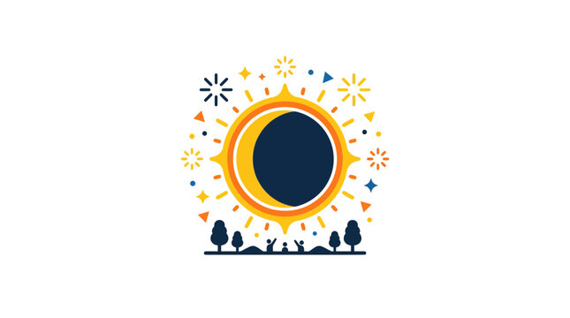 Colorful Illustration of Solar Eclipse with Celebrating People and Trees