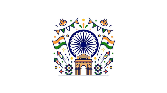 Colorful India Gate with Ashoka Chakra and Festive Decorations Illustration