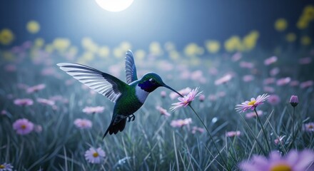Fototapeta premium Emerald Hummingbird Hovering at Pink Wildflowers in Moonlit Meadow, Concept for Nature Conservation and Ethereal Wildlife Beauty