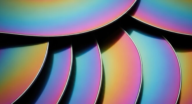 Rainbow Iridescent Compact Discs Overlapping in Close-up for Data Storage and Retro Technology Concept