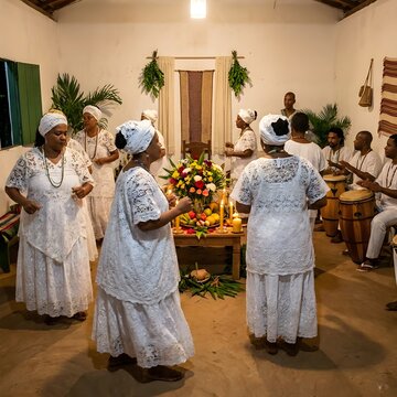 Afro-Brazilian spiritual ceremony with women in white dresses dancing and men playing drums