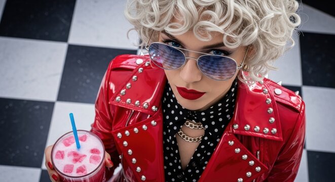 Trendy Blonde Woman in Red Studded Jacket Holding Milkshake in Retro Diner; Vintage Fashion, Pop Art Aesthetic, and Rock and Roll Lifestyle.