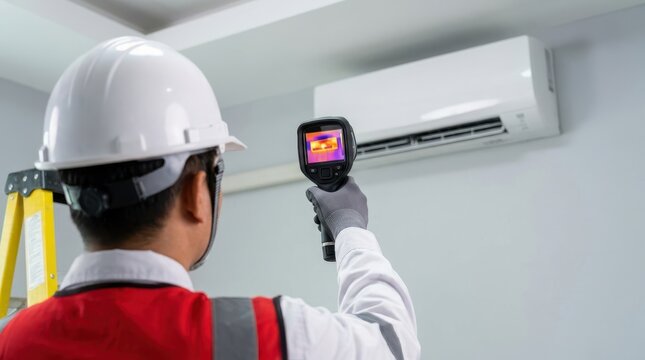 Engineer uses an infrared thermal camera to check temperature of air conditioner in a room, worker looks for heat loss.