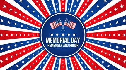 Obraz premium Memorial day tribute background with patriotic blue and red stripes featuring american flags and white stars.