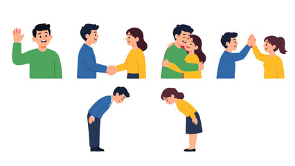 Set of greeting gestures with waving, handshake, hug and bow © Alan