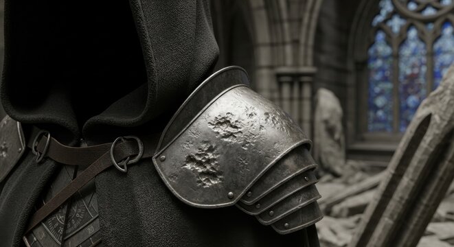 Medieval Knight in Battle-Worn Armor and Hooded Cloak Standing in Gothic Ruined Cathedral for Epic Fantasy Concept