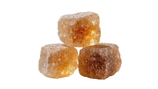 Isolated brown sugar cubes stacked, sweet ingredient for baking and cooking, rough texture.