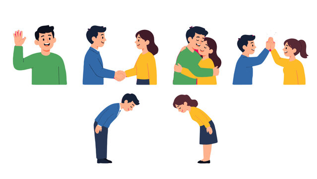 Set of greeting gestures with waving, handshake, hug and bow