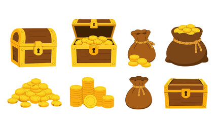 Set of treasure chests, coin piles, and money bags vector © Alan