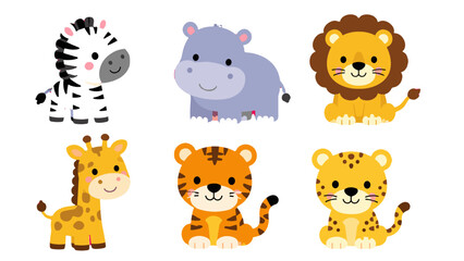 Cute cartoon safari and wild animals set in flat vector style © Alan