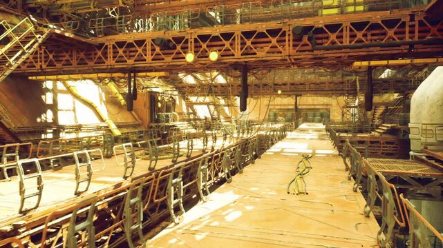 Offshore rig docking service deck with heavy equipment and pipelines, saltstreaked surfaces and winches, windswept marine atmosphere and rugged maintenance