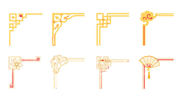 Set of ornate decorative corner borders in gold line style