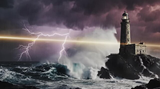 A dramatic storm at sea with lightning flashing over giant waves crashing against a rocky cliff topped by a stone lighthouse casting its beam.