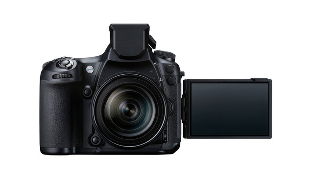 Isolated sleek black digital photo camera with extended articulating screen and attached lens