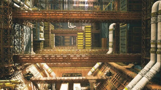industrial recycling deck with layered conveyors, crates of salvaged metals, service pipes, structural scaffolding and warm filtered sunlight through high