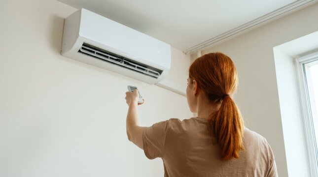 Young woman pointing remote control towards white wall mounted air conditioner unit to adjust room temperature.