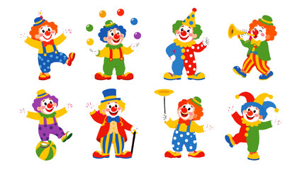 Set of colorful circus clown cartoon characters in playful poses © Alan