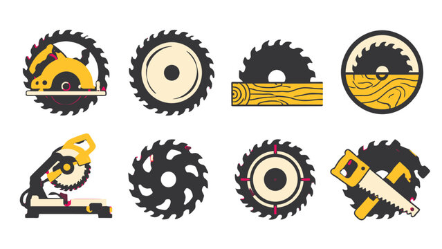 Circular saw and woodworking tool icons set in flat vector style