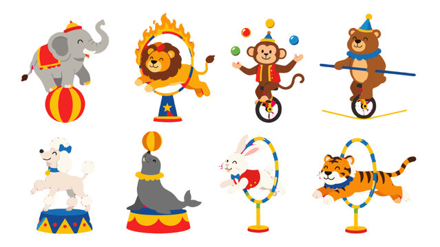Circus animals performing tricks in colorful cartoon vector set