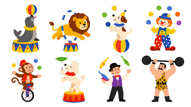 Cute circus performers and animals cartoon vector set