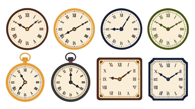 Set of vintage clocks and pocket watches with Roman numerals