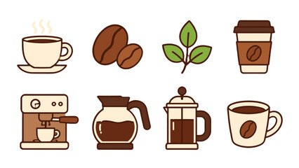 Obraz premium Coffee icons set with cups beans plant and brewing equipment