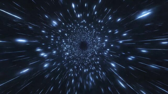 Abstract visualization of a warp speed journey through a cosmic tunnel with blue light streaks.