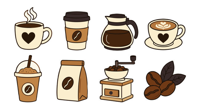 Set of cute coffee icons with cups, beans, grinder and pot