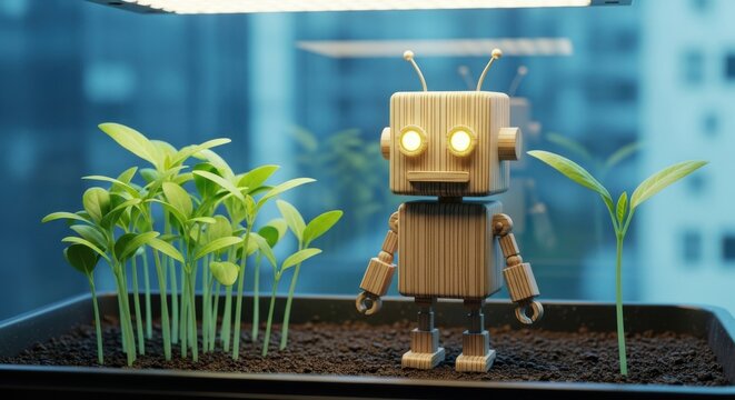 Small wooden robot monitoring green seedlings in indoor vertical farm, representing AI sustainable agriculture and smart farming technology.