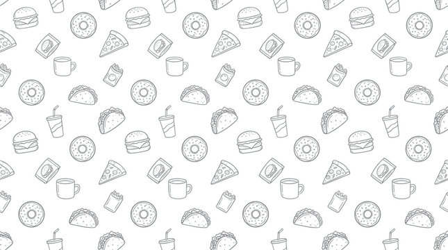 Fast food line art seamless pattern vector background featuring doodle illustrations of hamburgers pizza slices donuts tacos fries and drinks.