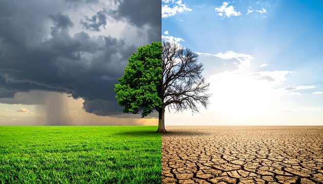 Split Landscape Tree Showing Contrast Between Lush Green and Drought