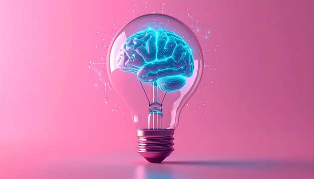 Glowing Digital Brain Inside Transparent Light Bulb on Pink Background