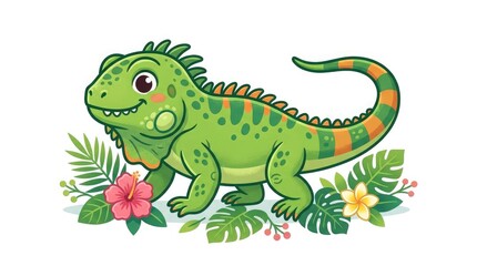 Fototapeta premium A cute cartoon green dinosaur standing among tropical leaves and flowers isolated on white background