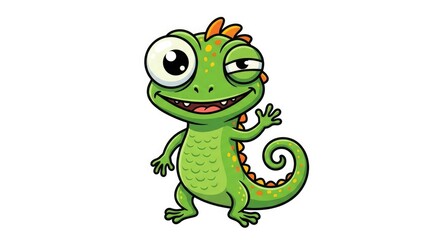 Obraz premium A cartoon green lizard with big eyes and a happy smile isolated on white background