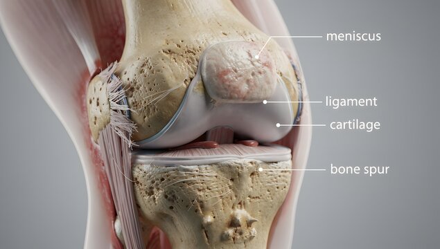 Painful knee x-ray rendering with emphasized tendons, ligaments, bones, and meniscus